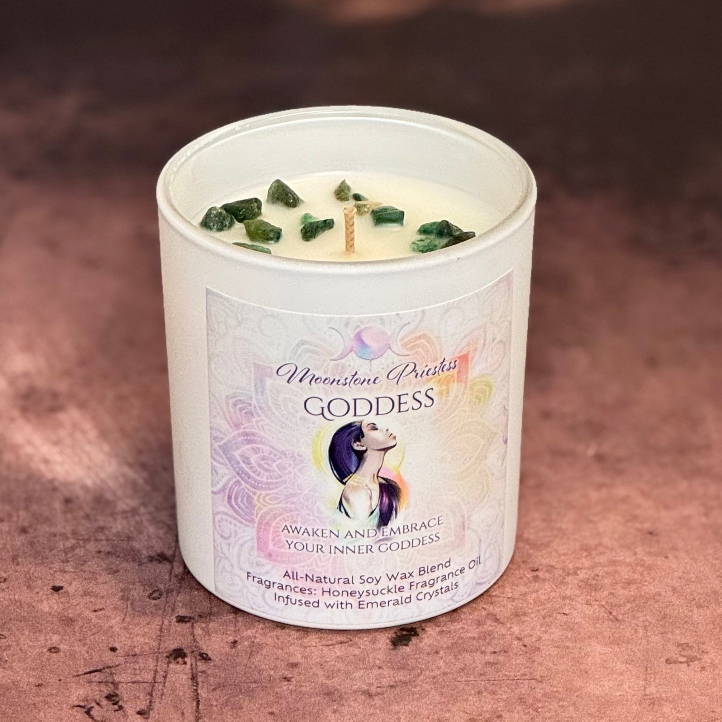 Candle in a white container with a label on a brown surface