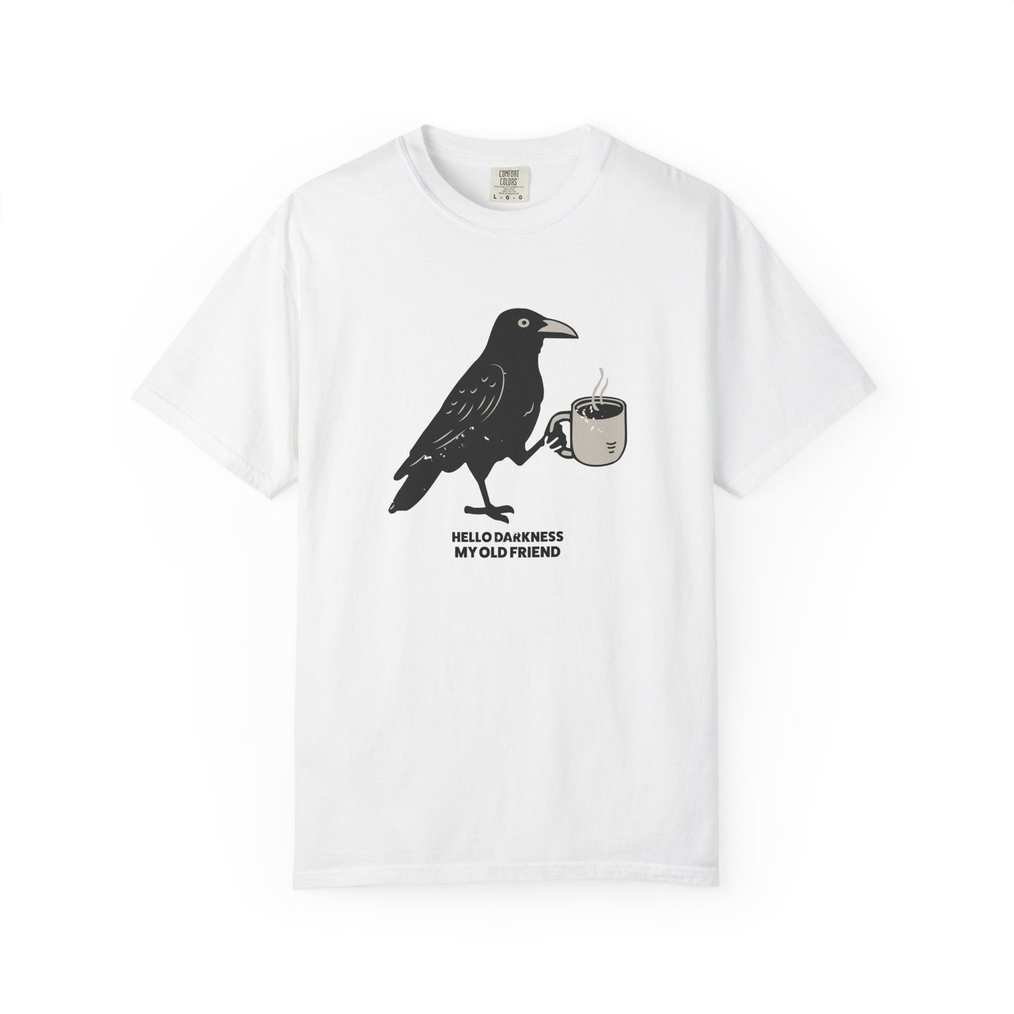 White t-shirt with a crow holding a cup design and text on a white background
