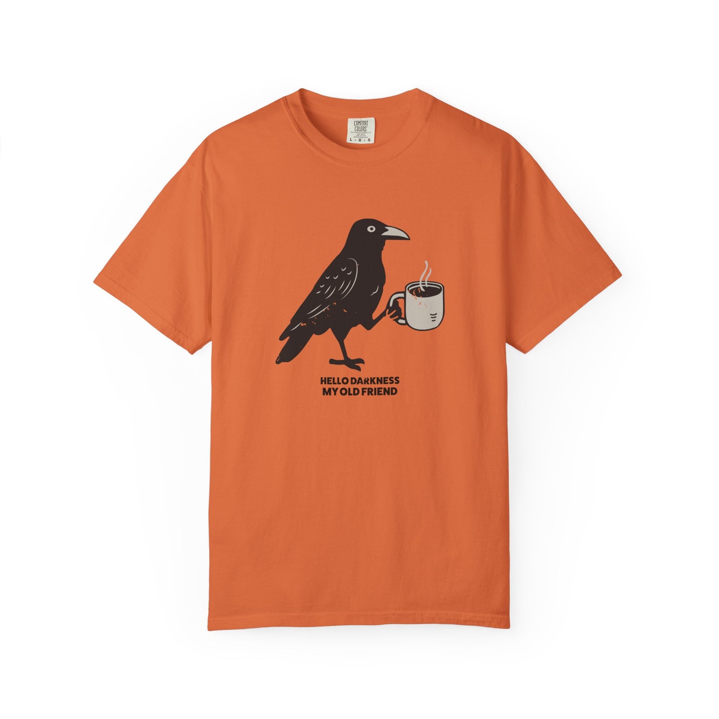 Orange t-shirt with a crow holding a coffee cup graphic and text on a white background