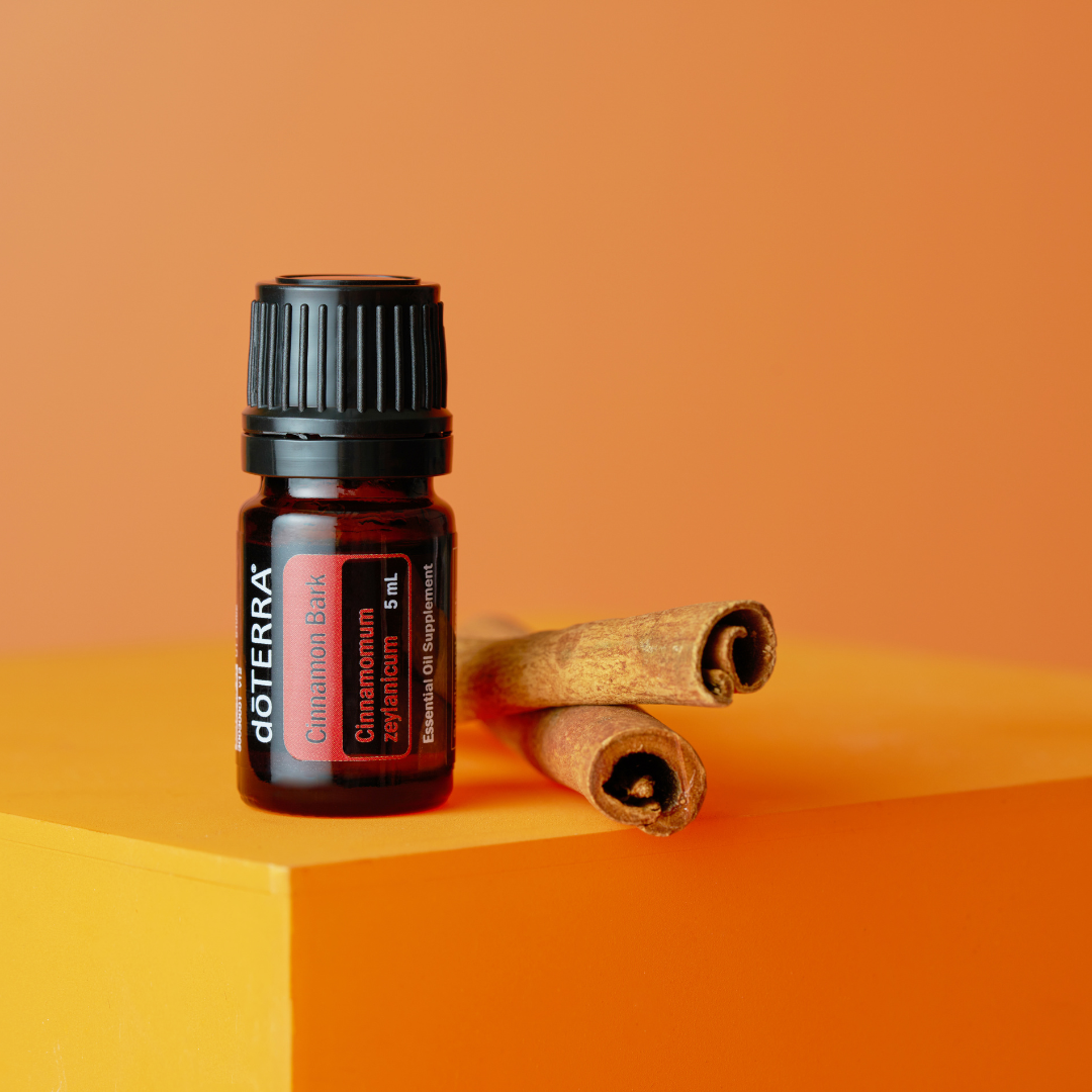 doTERRA Cinnamon Bark essential oil bottle with cinnamon sticks on an orange background