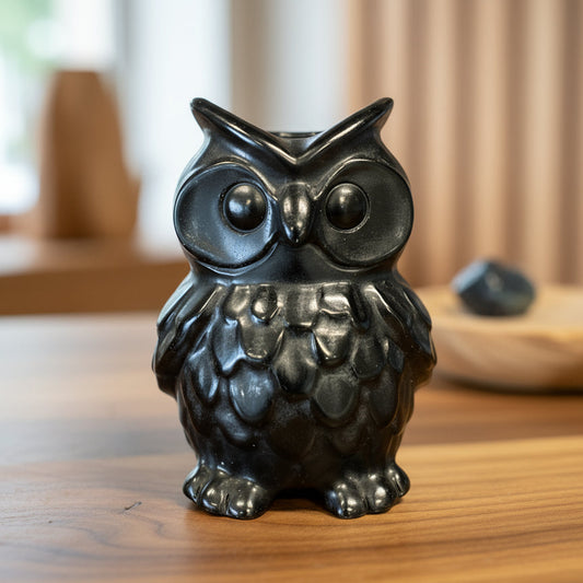 Black owl-shaped candle holder on a wooden surface with a pink candle.