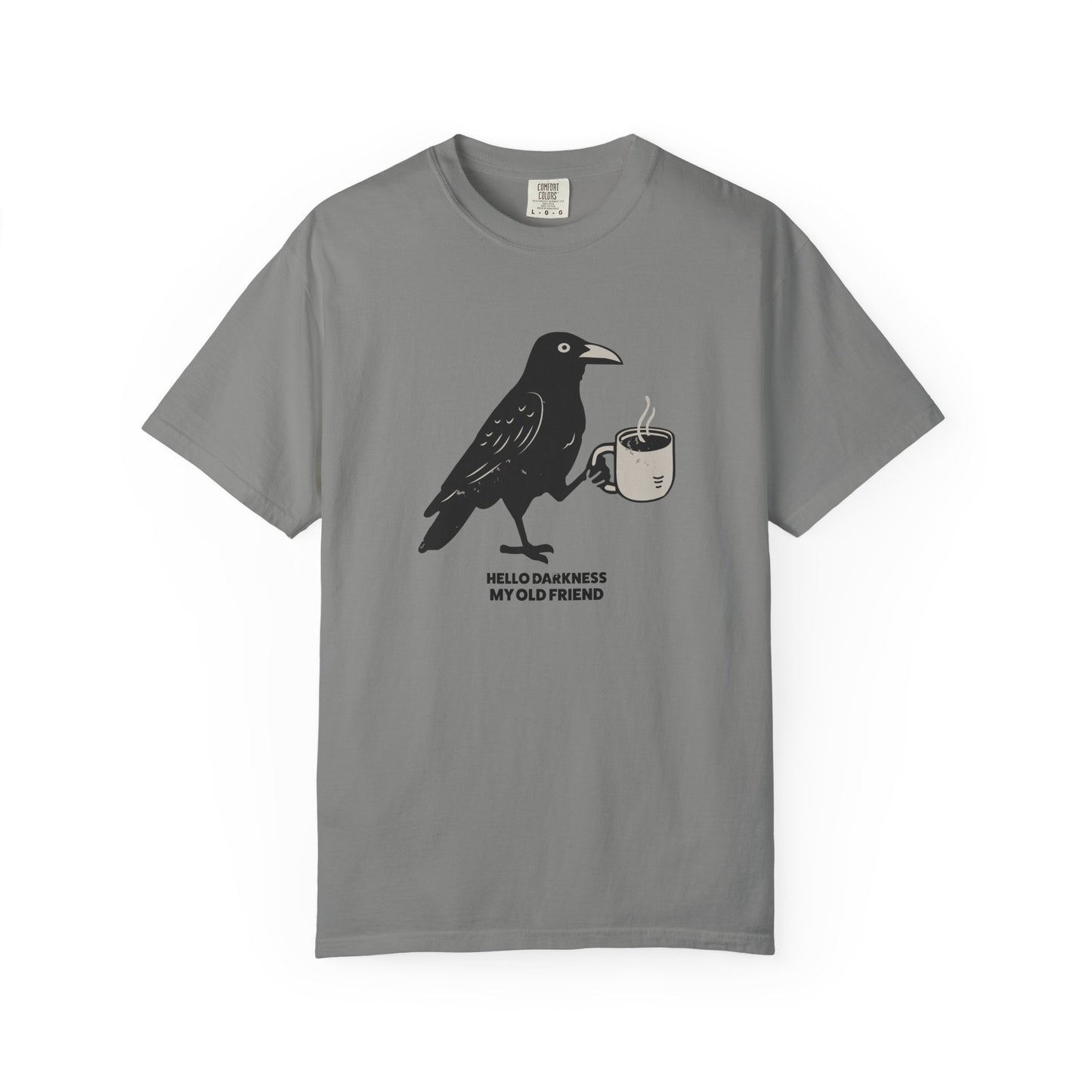 Gray t-shirt with a crow holding a coffee cup graphic and text on a white background