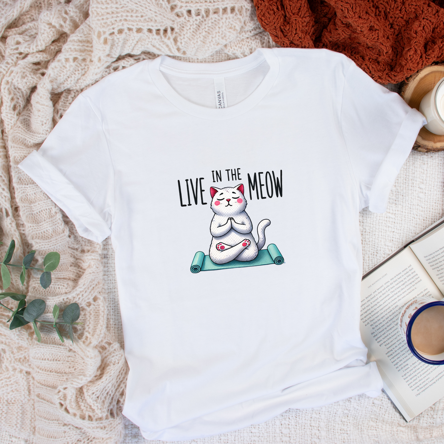 White Live in the meow t-shirt zen vibe