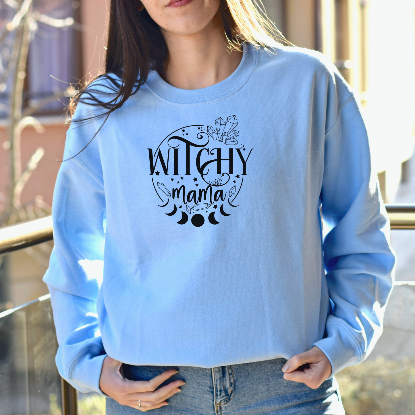 Witchy mama light blue sweatshirt