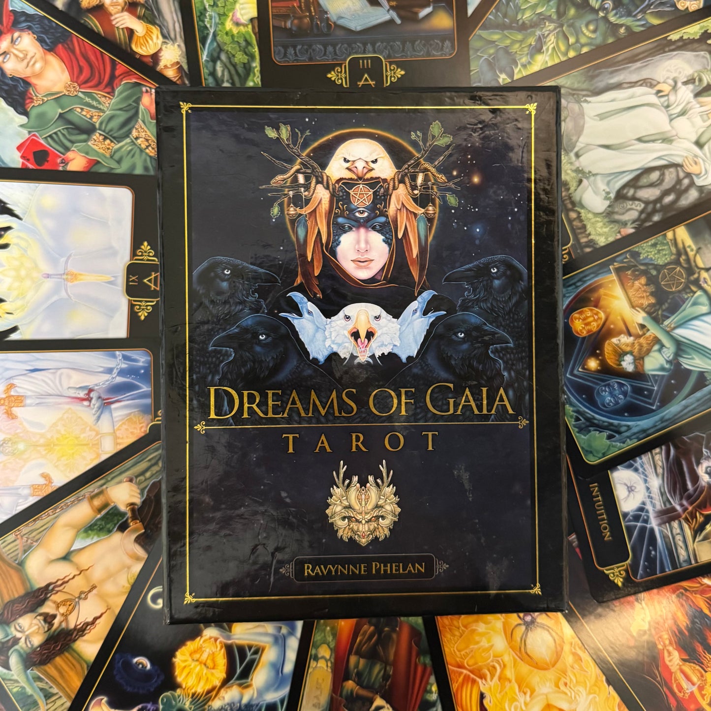 Tarot card deck titled 'Dreams of Gaia' by Ravynne Phelan surrounded by tarot cards with artistic designs.