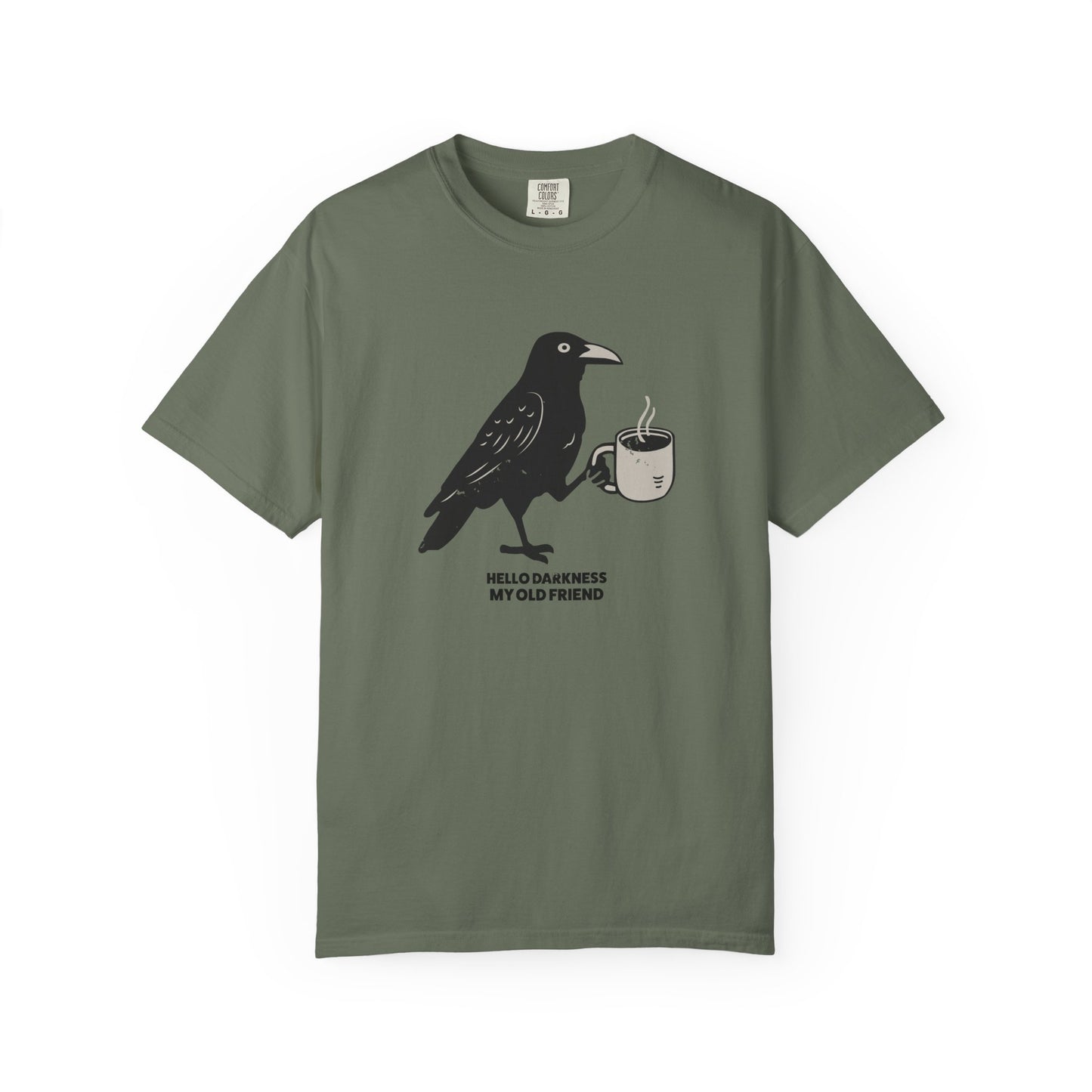 Green t-shirt with a crow holding a coffee cup graphic and text on a white background