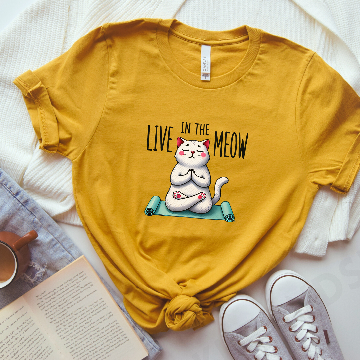 Mustard Live in the meow shirt zen boho