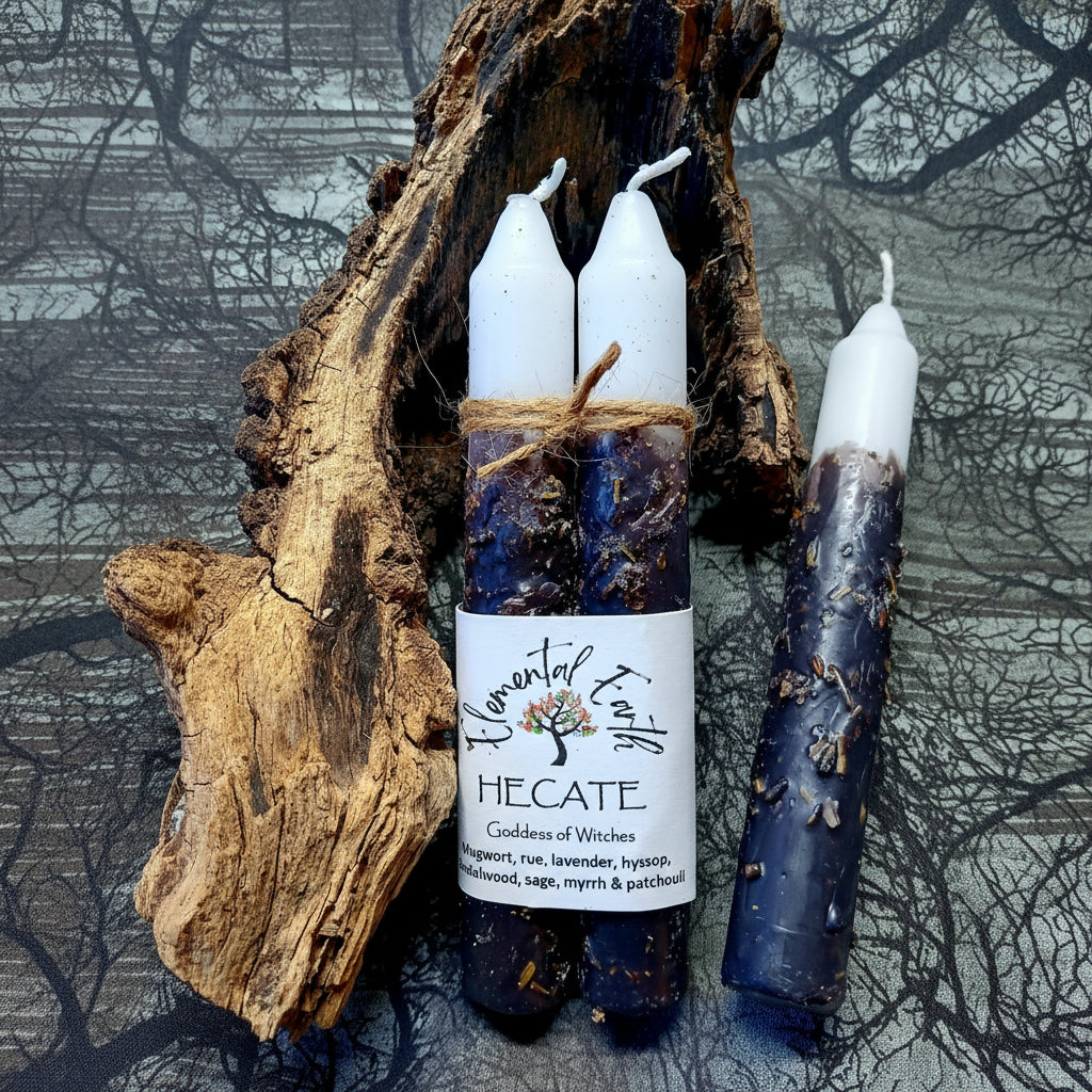 Candle set with a label on a textured surface