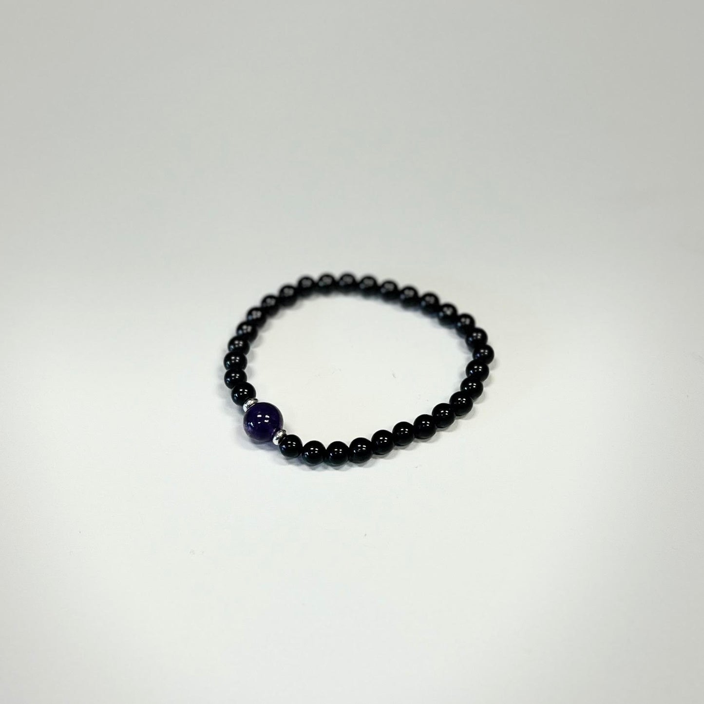 Black Tourmaline and Amethyst (Silver Accent) Beaded Bracelet 8mm