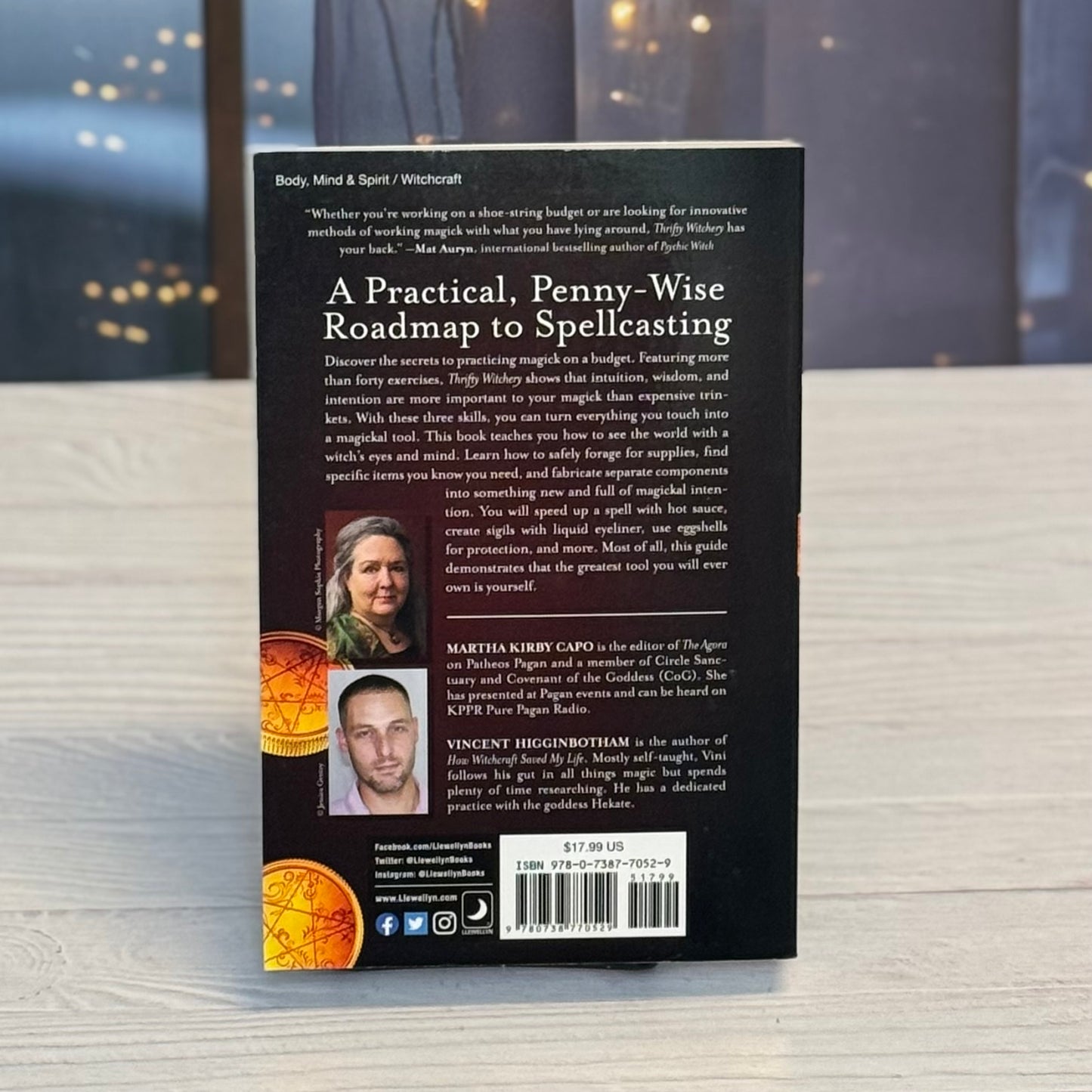 Back cover of a book titled 'A Practical, Penny-Wise Roadmap to Spellcasting' with author and contributor information.