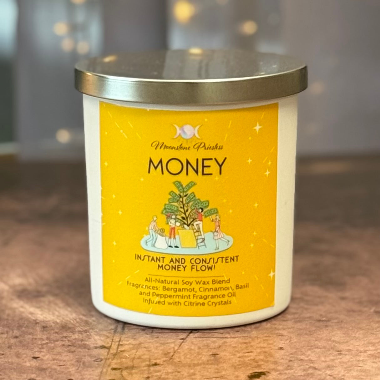 Candle jar with a yellow label on a wooden surface