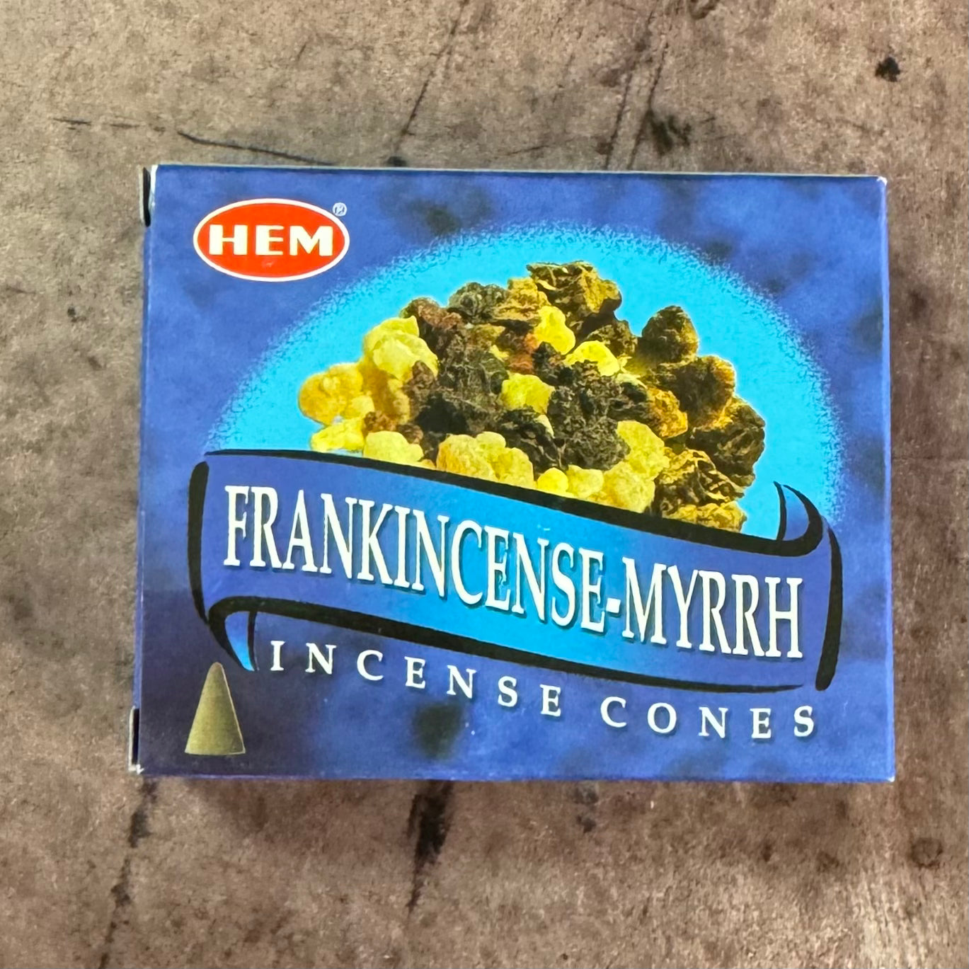 A box of Frankincense and Myrrh incense cones from HEM brand, displaying the product with an emphasis on the cones.