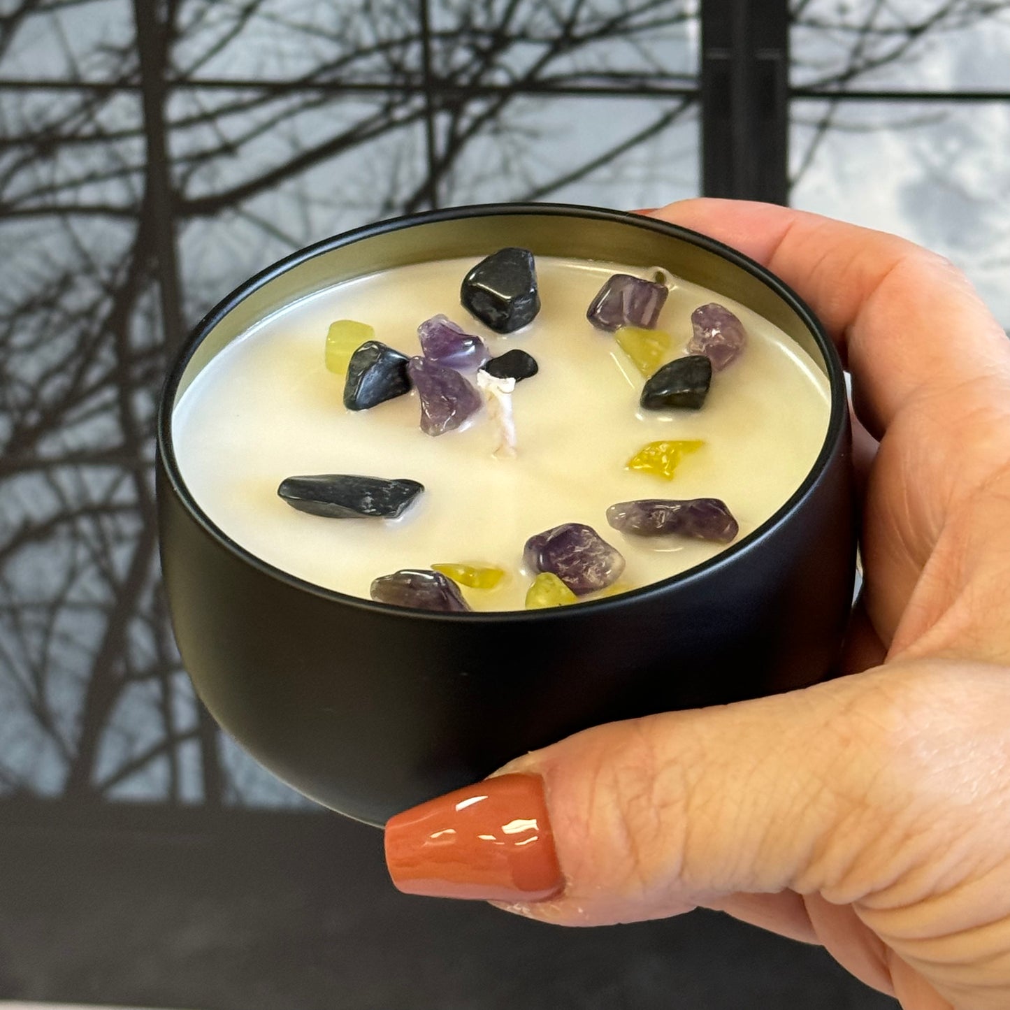 Namaste candle with lid off