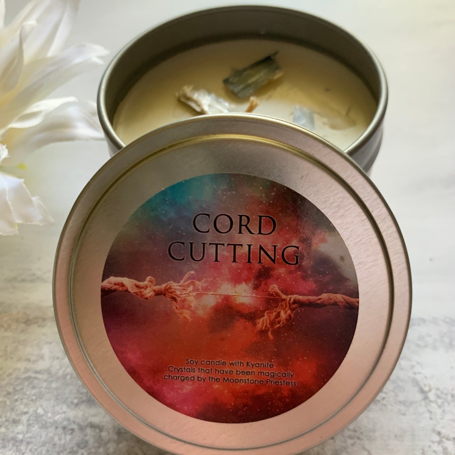 Cord Cutting Ritual Candle with Kyanite Crystals Travel Tin 6oz