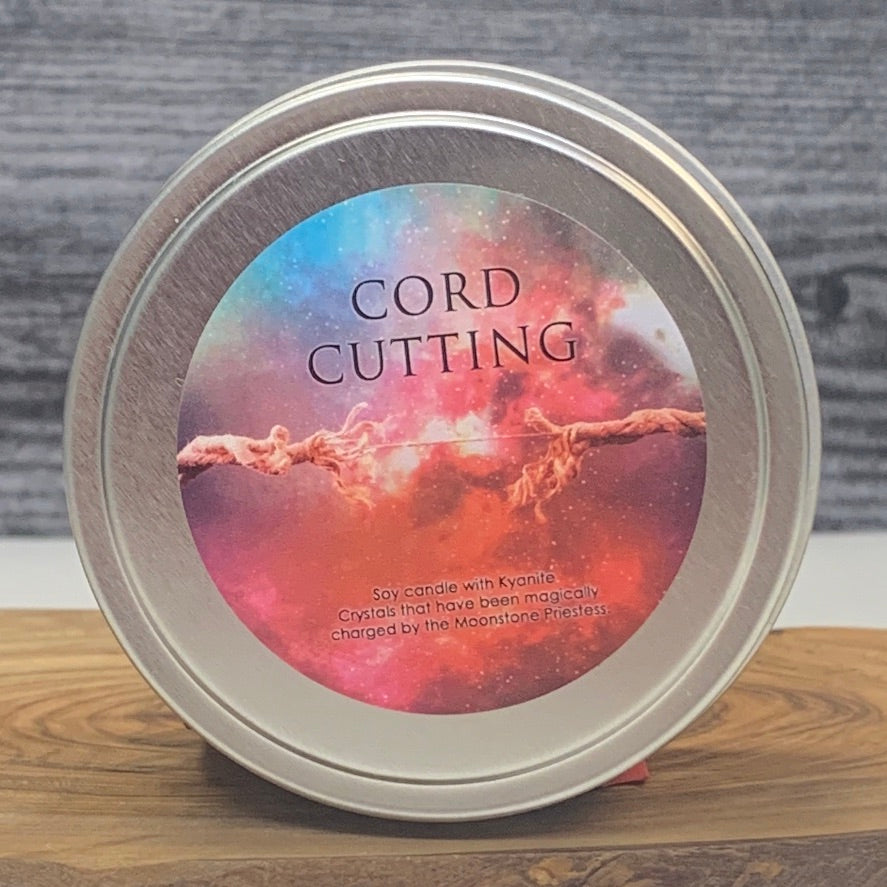 Cord Cutting Ritual Candle with Kyanite Crystals Travel Tin