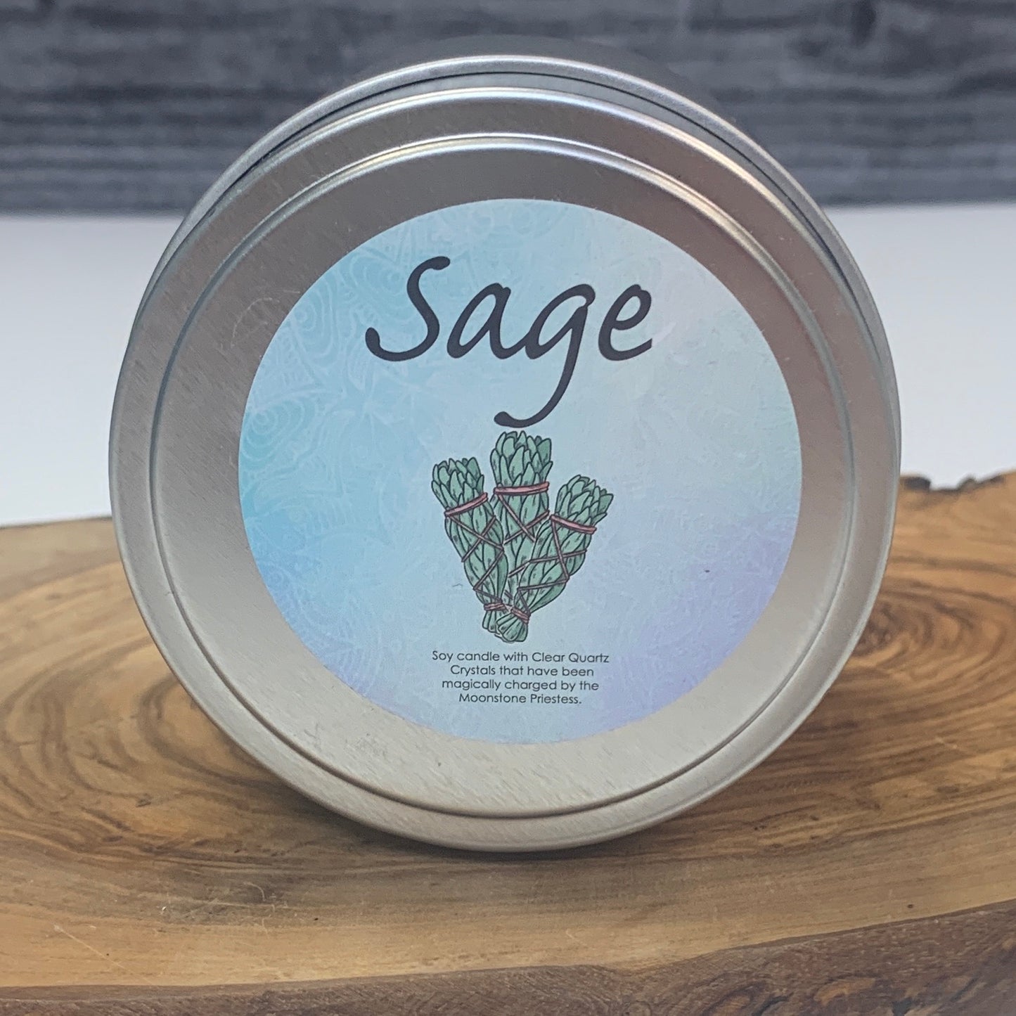 Sage Candle with Clear Quartz Crystals Travel Tin 6oz