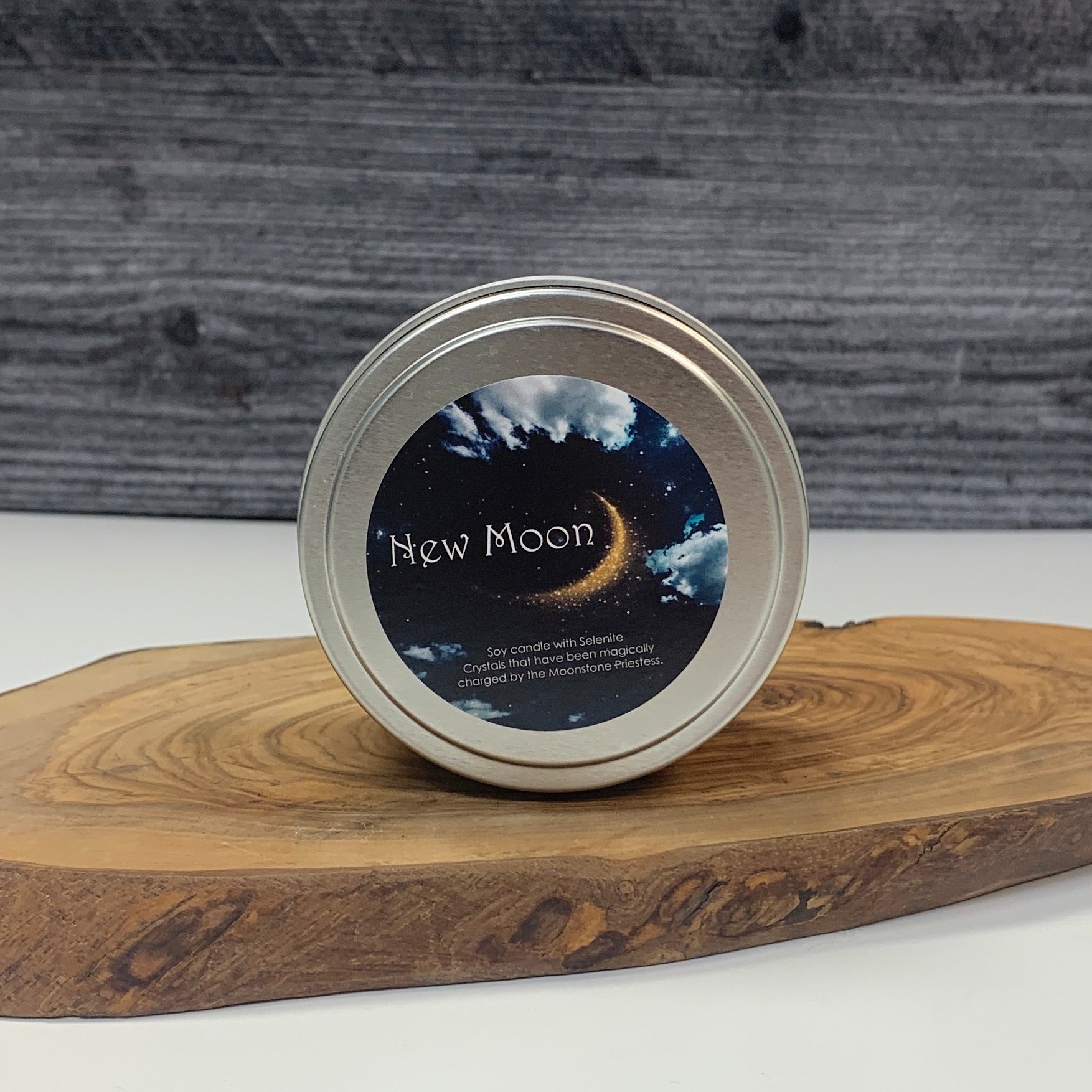 New Moon Candle with Selenite Crystals Travel Tin