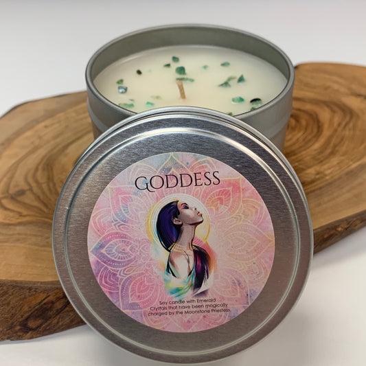 Goddess Soy Candle with Emerald Crystals Travel Tin 6oz