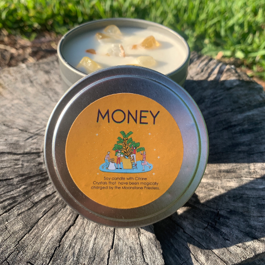 Money Candle with Citrine Crystals Travel Tin