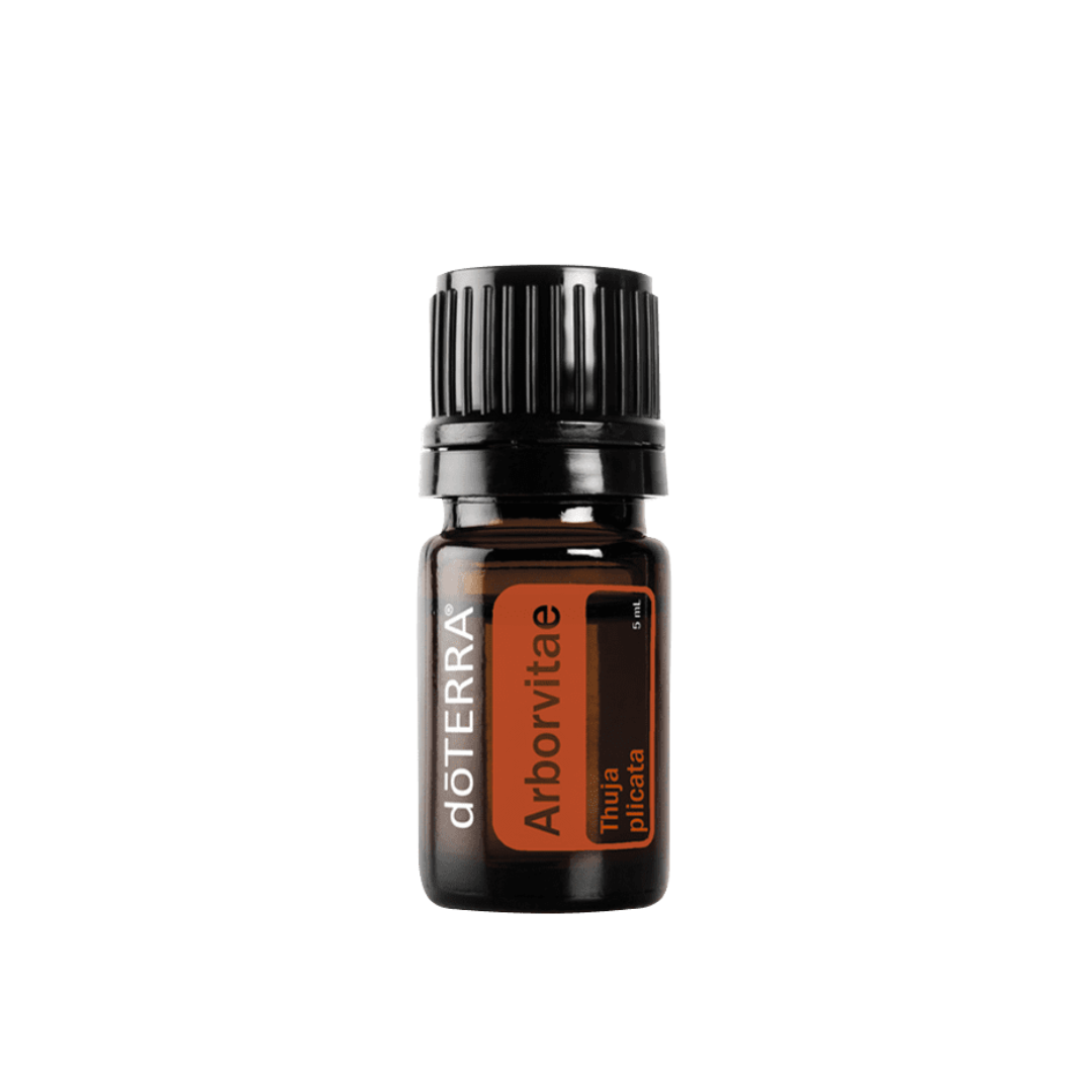 doTERRA Arborvitae essential oil bottle on a white background