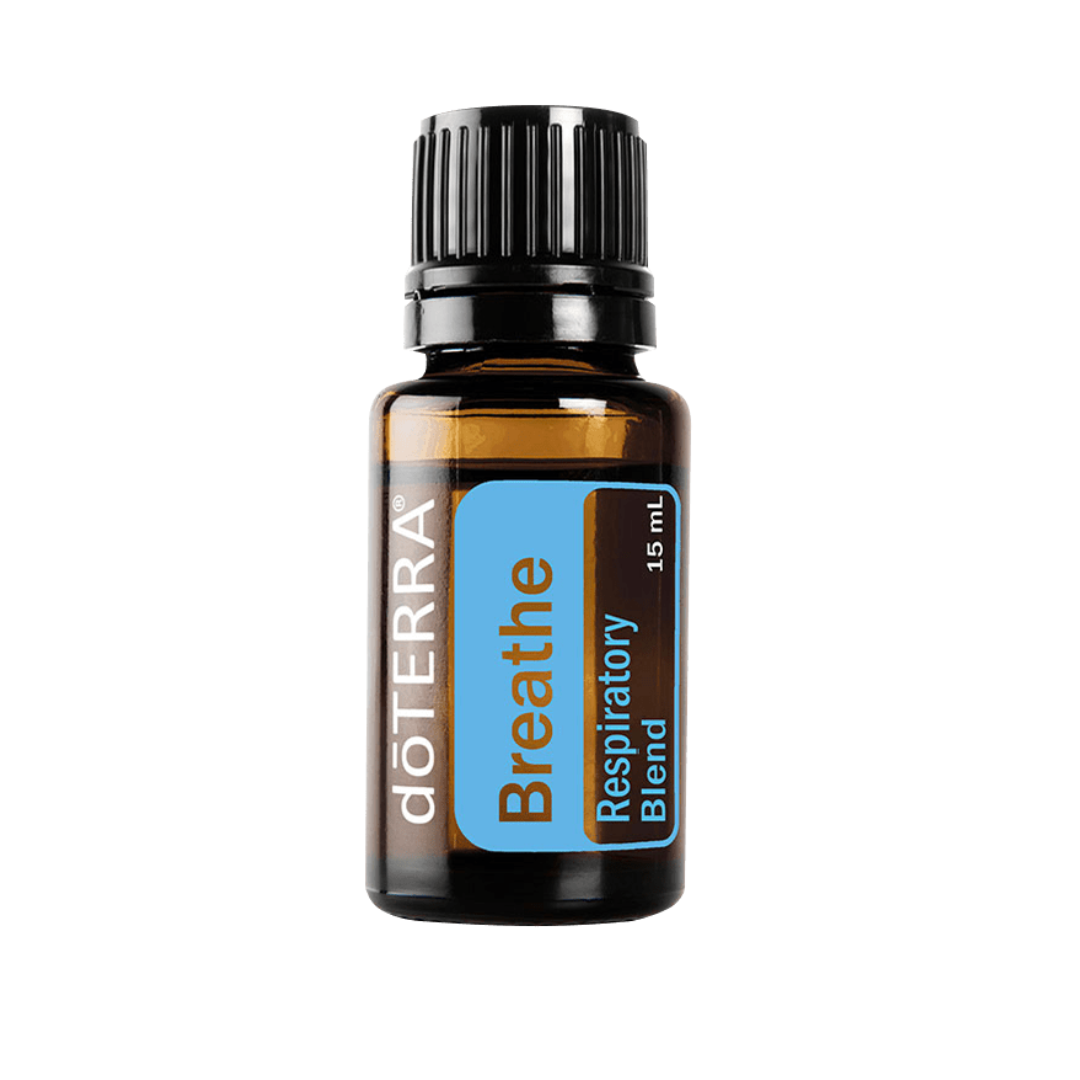 doTERRA Breathe respiratory blend essential oil bottle on a white background