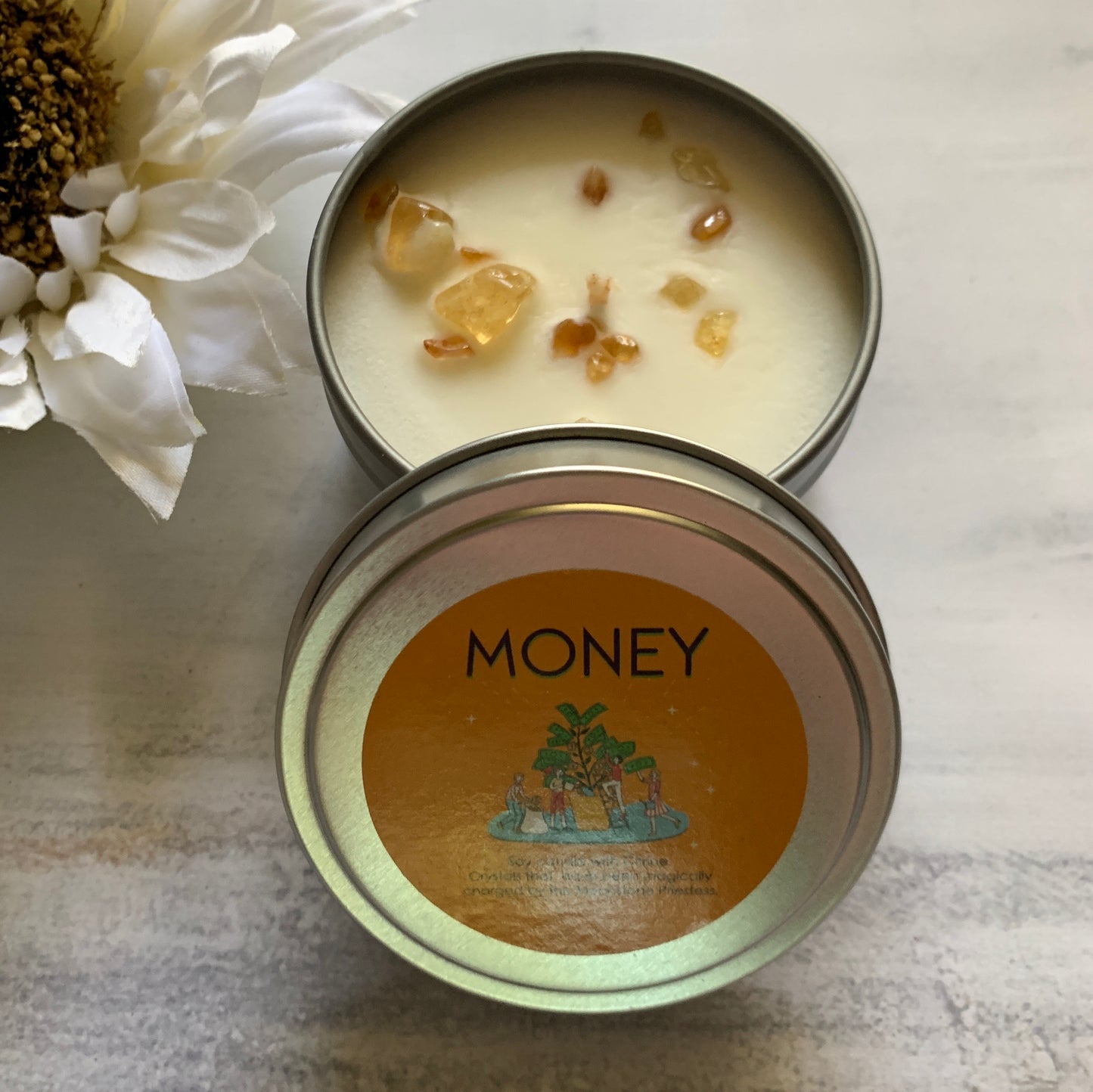 Money Candle with Citrine Crystals Travel Tin 6oz