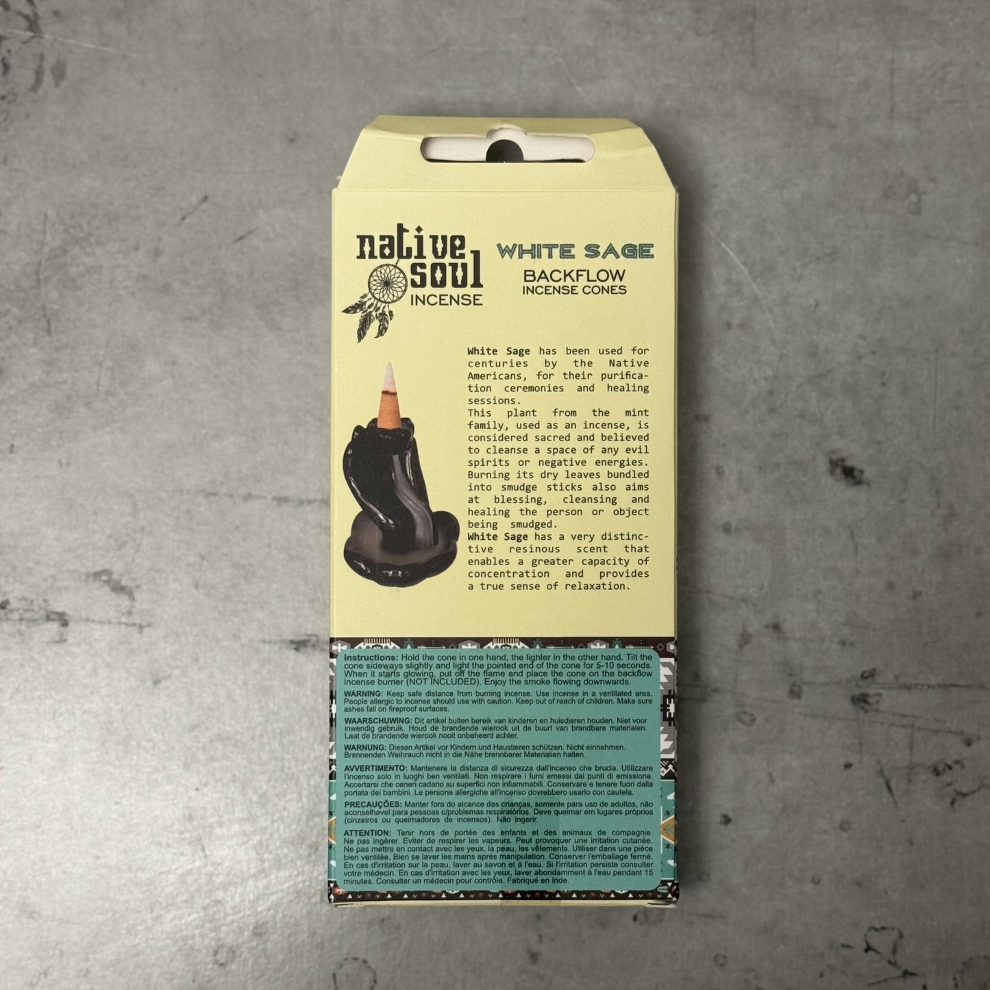 Native Soul White Sage Backflow Incense Cones packaging on a gray background
