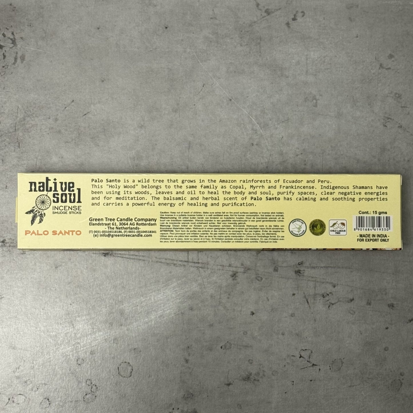 Native Soul Palo Santo incense packaging on a textured gray background