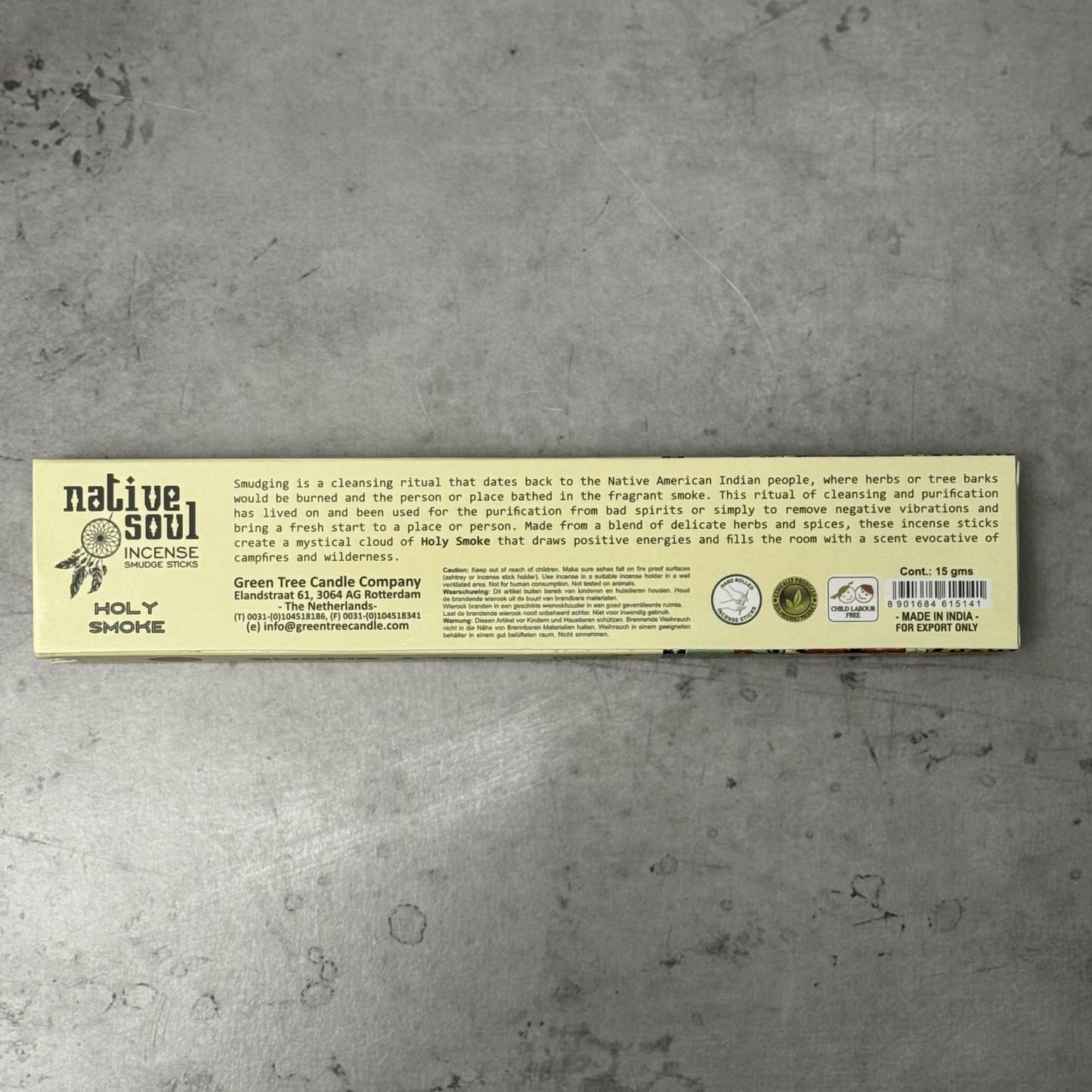 Native Soul Holy Smoke Incense packaging on a gray surface