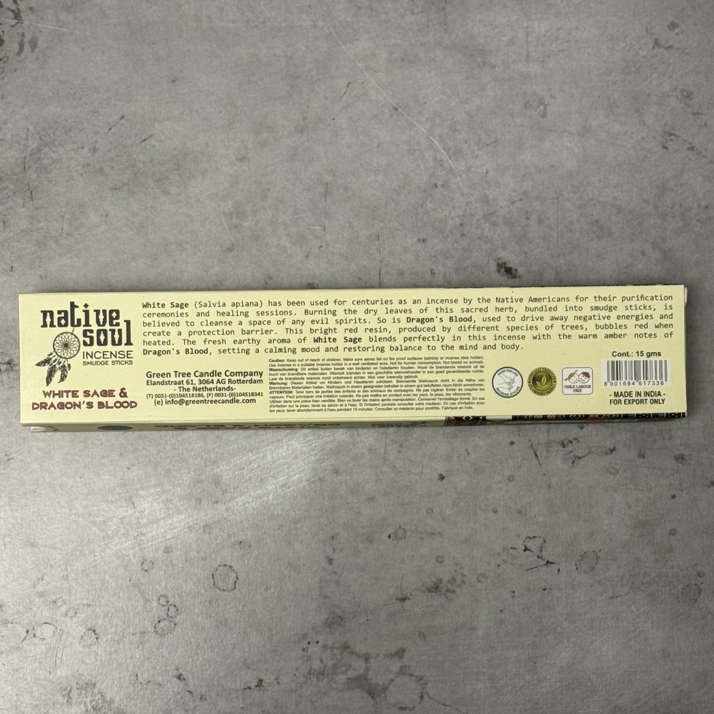 Native Soul White Sage & Dragon's Blood incense packaging on a gray surface