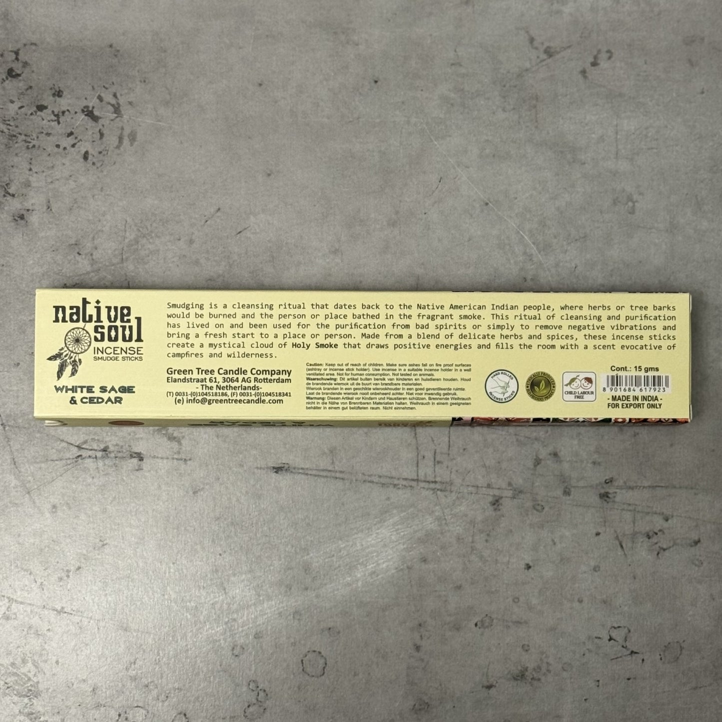 Native Soul Incense packaging on a gray concrete surface