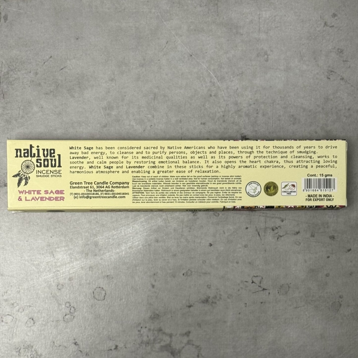 Native Soul Incense packaging on a gray concrete surface
