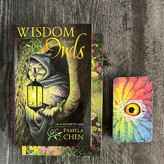 The image features a colorful book titled "Wisdom of the Owls" by Pamela Chen, accompanied by a vibrant, multicolored tarot card. Both items are adorned with enchanting owl-themed artwork.