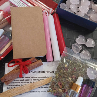 ove Spell Herbal Kit by Elemental Earth with rose petals, pink candle, crystals and botanical ingredients for love magic and romance rituals