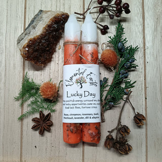 Two bottles of 'Lucky Day' incense on a wooden surface with natural elements.