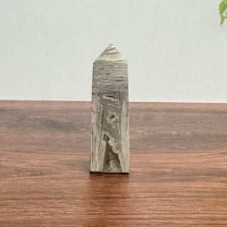 Natural White Lace Agate obelisk tower point with soft white lace banding