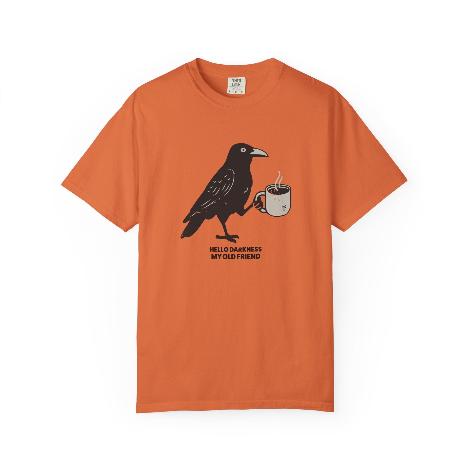 Orange t-shirt with a crow holding a coffee cup graphic and text on a white background