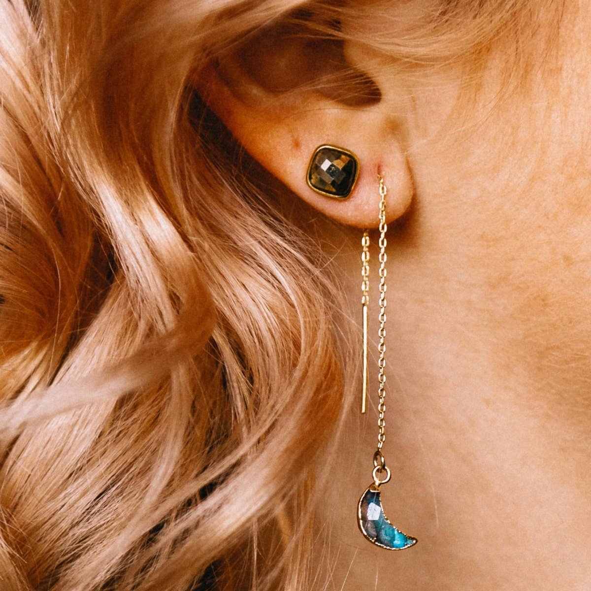 14Kt Sterling Silver Eclipse Threader Earrings - Labradorite - The Mystical Moon Online Store