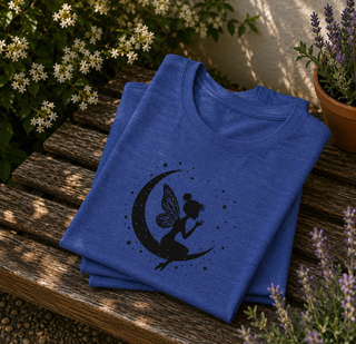 Folded Heather True Royal Fairy on Crescent Moon t-shirt with a black fairy and stars design on a wooden surface with plants