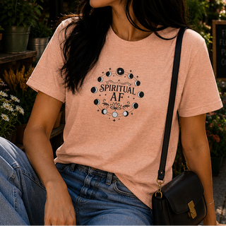 Heather Peach Spiritual AF moon phase graphic tee worn outdoors