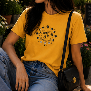 Mustard yellow Spiritual AF moon phase graphic tee worn outdoors