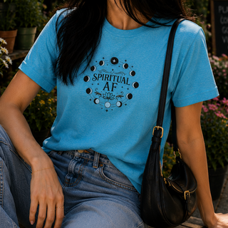 Heather Aqua Spiritual AF moon phase graphic tee worn outdoors