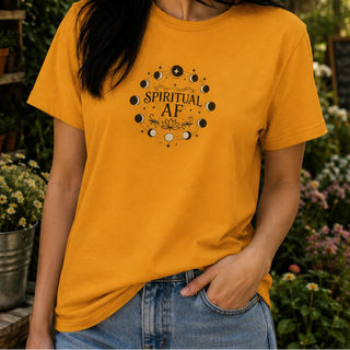 Mustard yellow Spiritual AF moon phase tee worn outdoors in a garden setting
