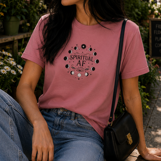 Mauve Spiritual AF moon phase graphic tee worn outdoors