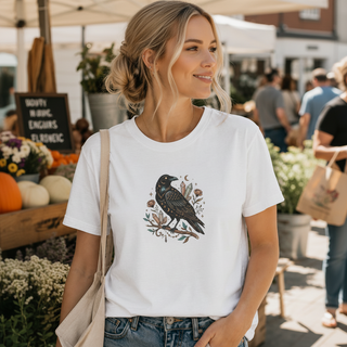 Crow Moon tee featuring a hand-drawn crow with crescent moons and florals, worn by a model
