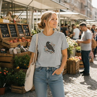 Crow Moon tee featuring a hand-drawn crow with crescent moons and florals, worn by a model