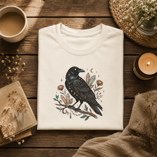 Folded Crow Moon tee featuring a hand-drawn crow with crescent moons and florals, styled in a flatlay