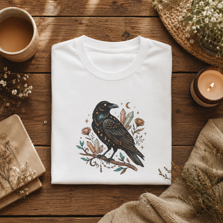 Folded Crow Moon tee featuring a hand-drawn crow with crescent moons and florals, styled in a flatlay