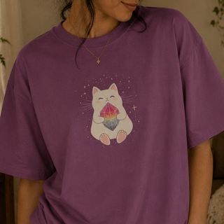 Berry purple Crystal Cat tee with a cute cat holding a rainbow gem, shown on a model