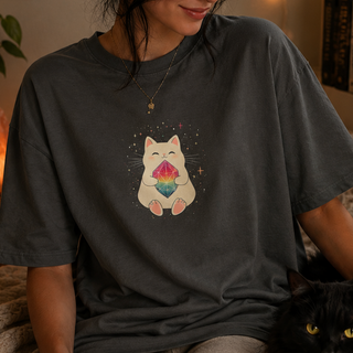 Pepper dark gray Crystal Cat tee with a cute cat holding a rainbow gem, worn by a model